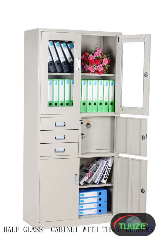 Half Glass with 3 Drawers File Cabinet