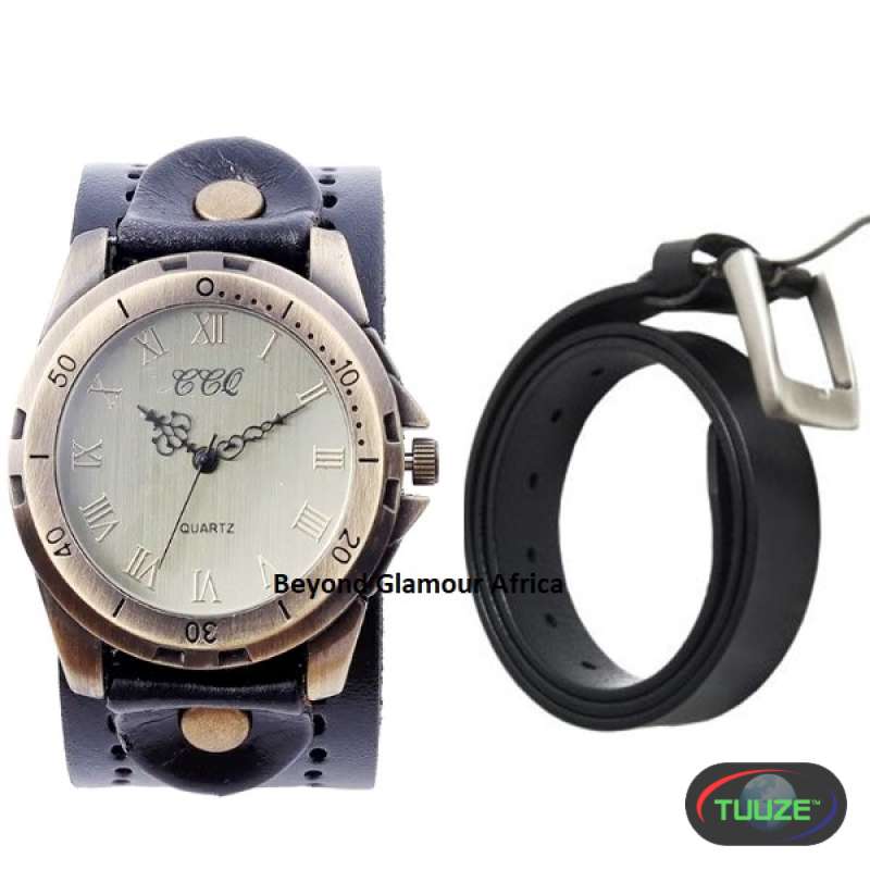 Mens Black Leather watch and belt combo