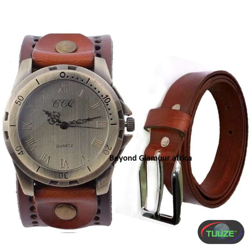 Mens Brown Leather watch and belt combo