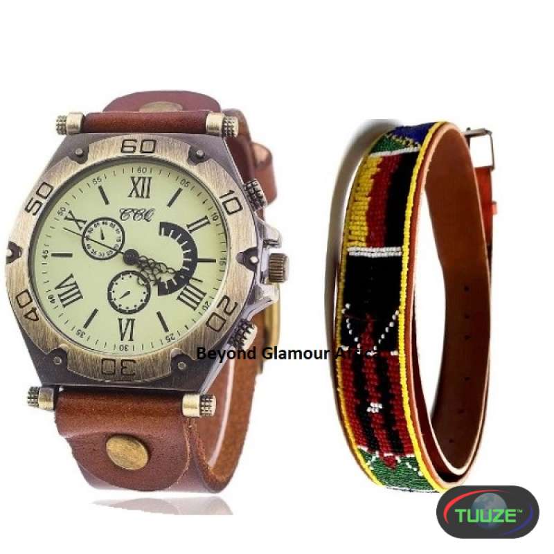Mens Brown leather watch and maasai belt