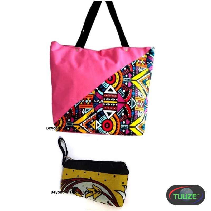 Womens Pink Canvas Ankara Handbag with pouch
