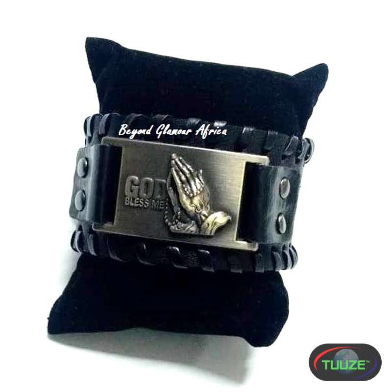 Black Leather prayer Engraved bracelet