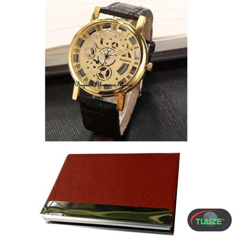 Gold Tone skeleton leather watch with cardholder
