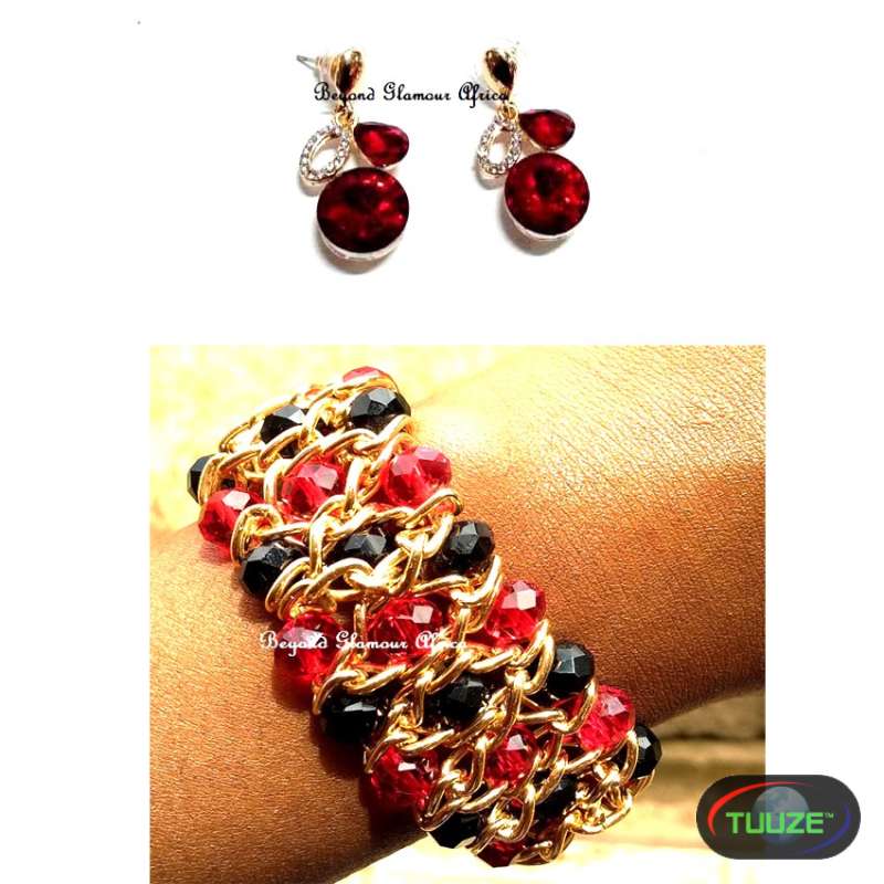 Ladies Red Crystal Earrings with Matching bracelet