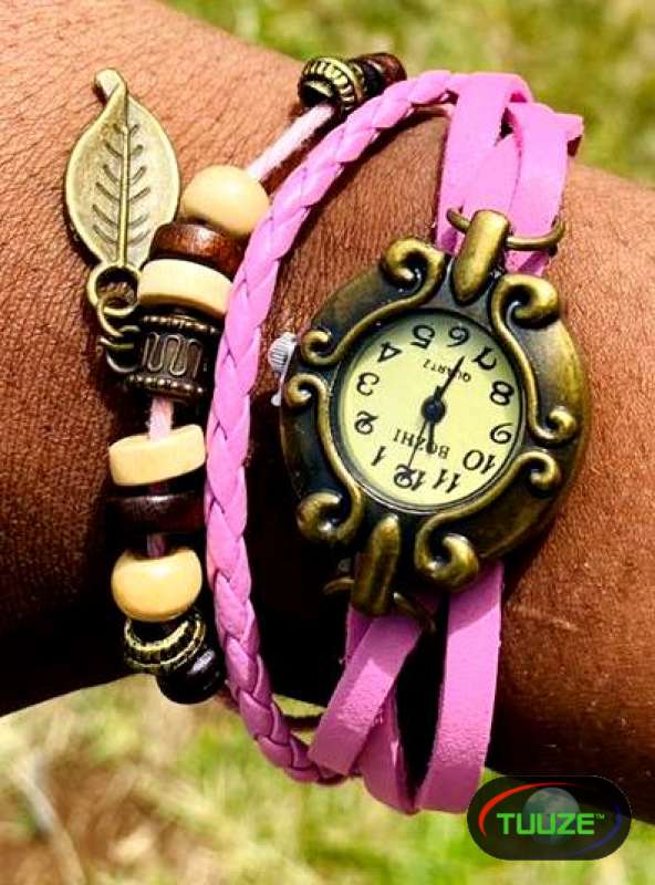 Ladies pink leather bracelet watch