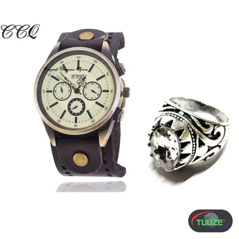 Mens Black Leather watch  silver ring