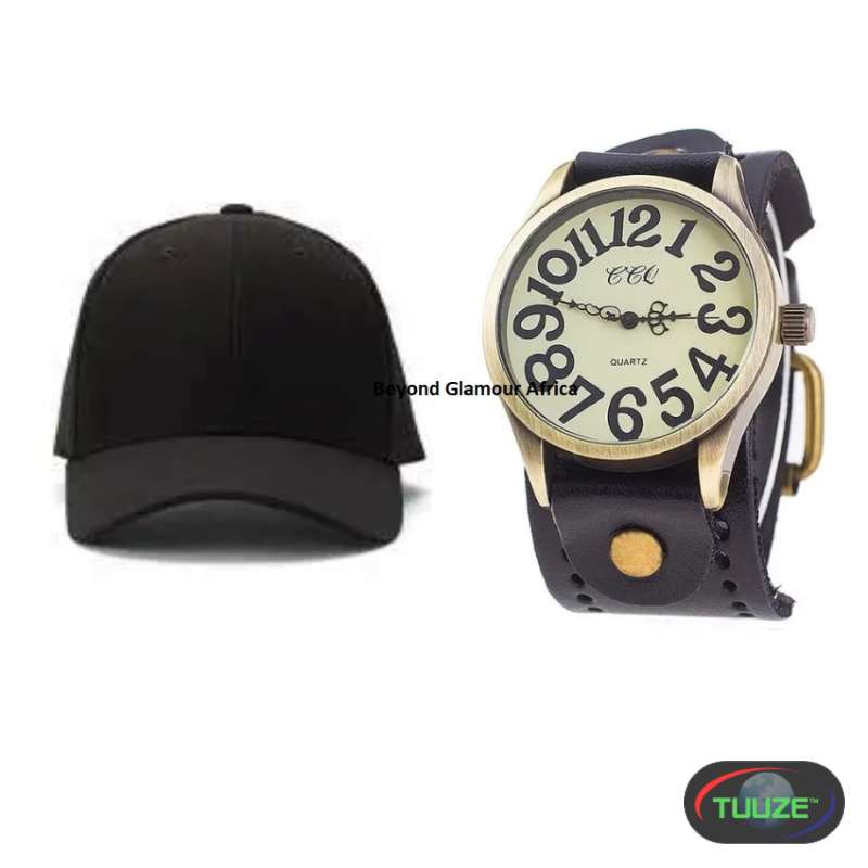 Mens Black Leather watch and cap