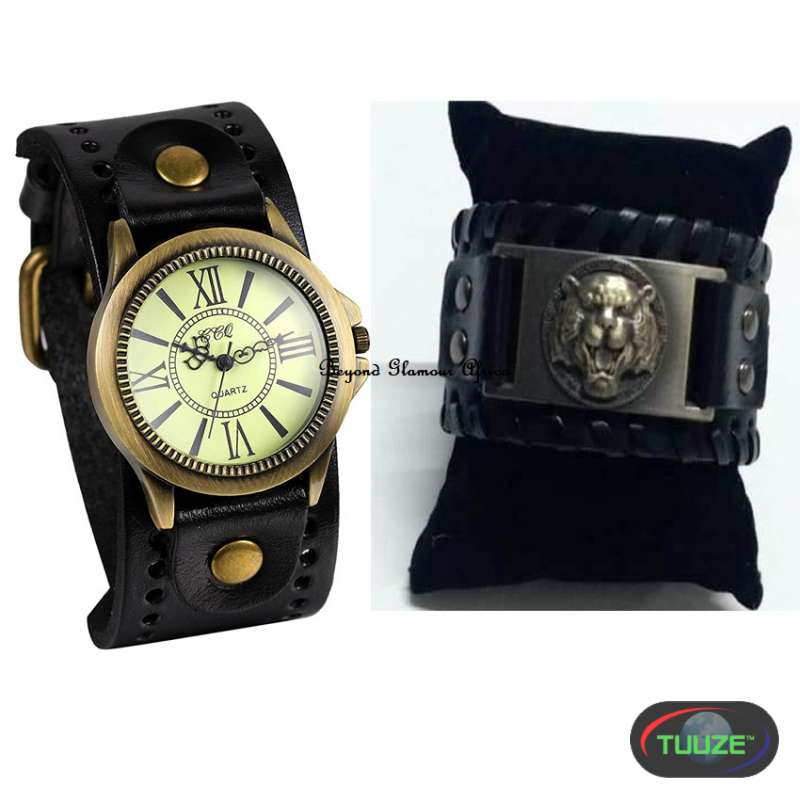 Mens Black Leather watch with bracelet