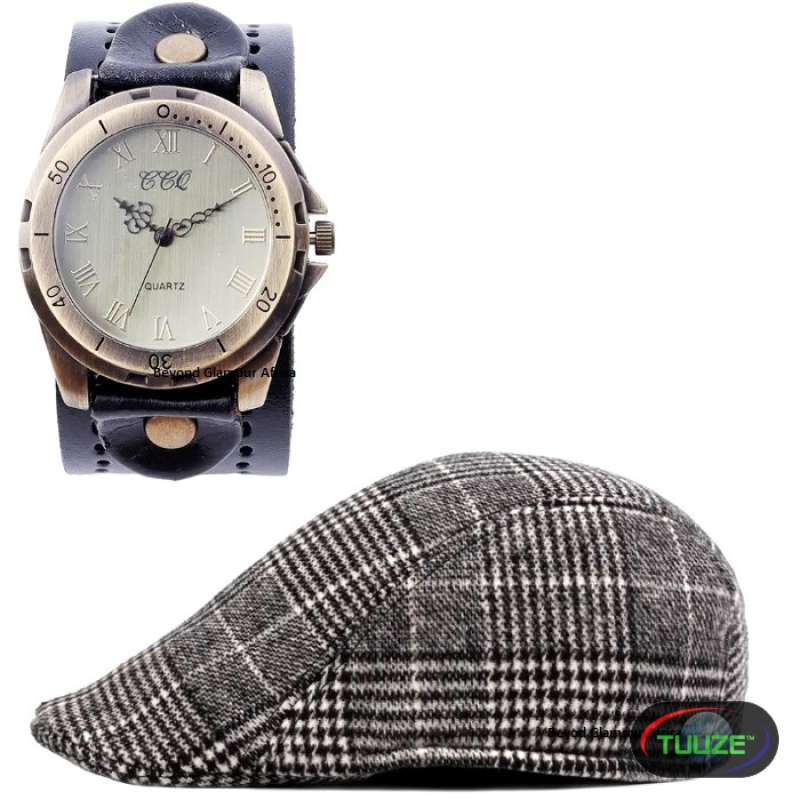 Mens Black Leather watch with newsboy cap