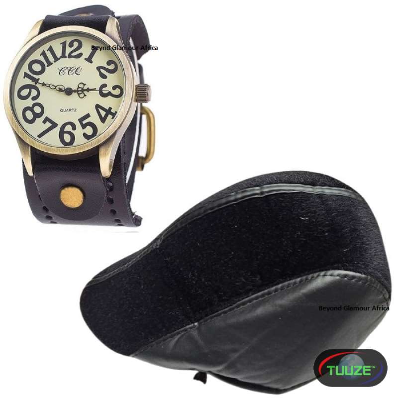 Mens Black Newsboy cap with faux hair and watch