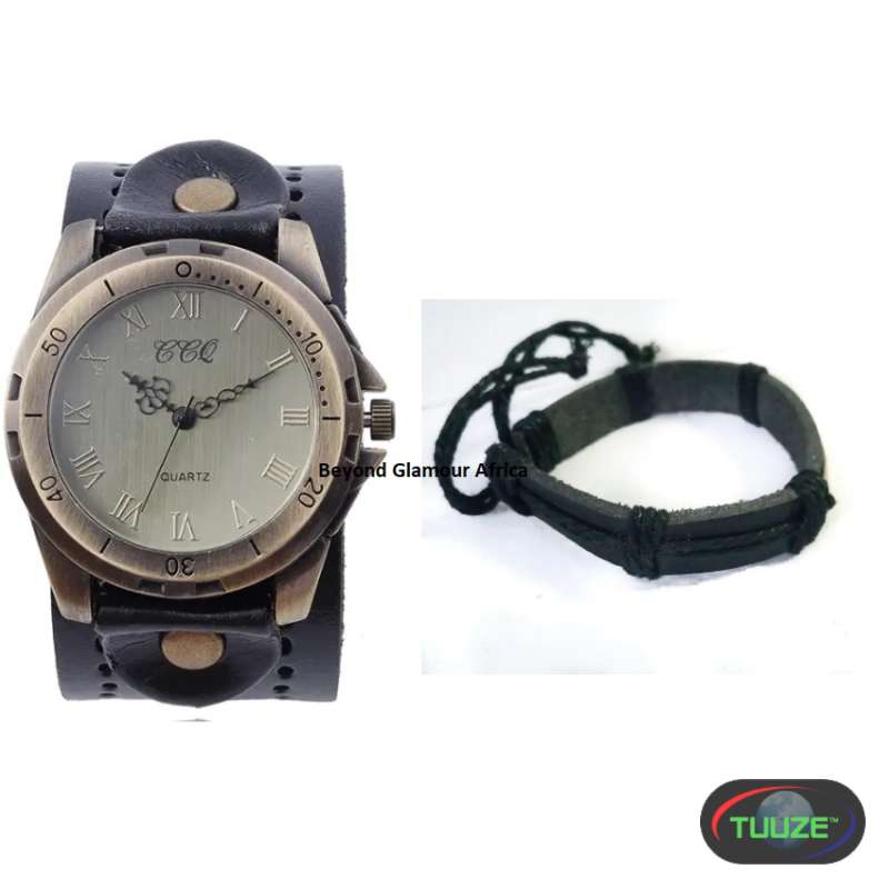 Mens Black leather watch and bracelet 