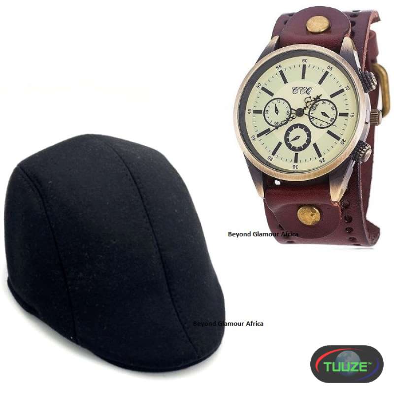 Mens Black newsboy cap with leather watch