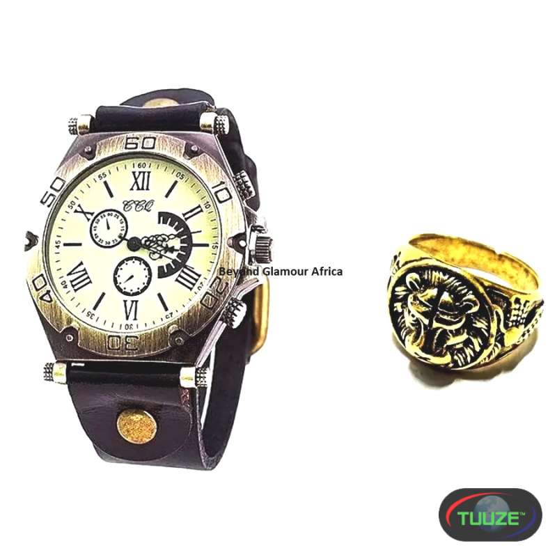 Mens Brown Leather watch  golden ring