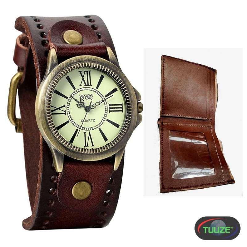 Mens Brown Leather watch and wallet combo