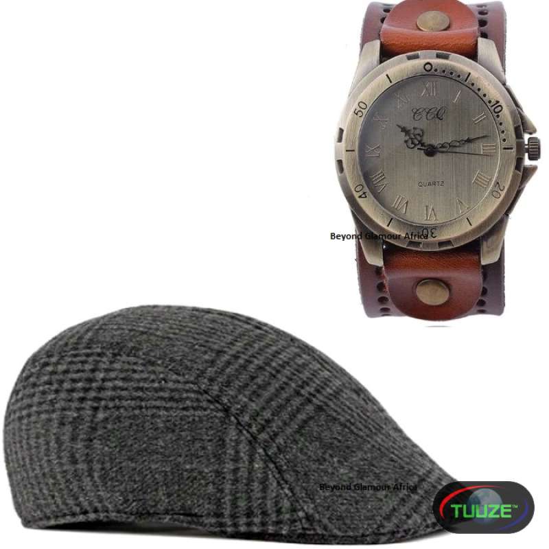 Mens Brown leather watch with newsboy cap