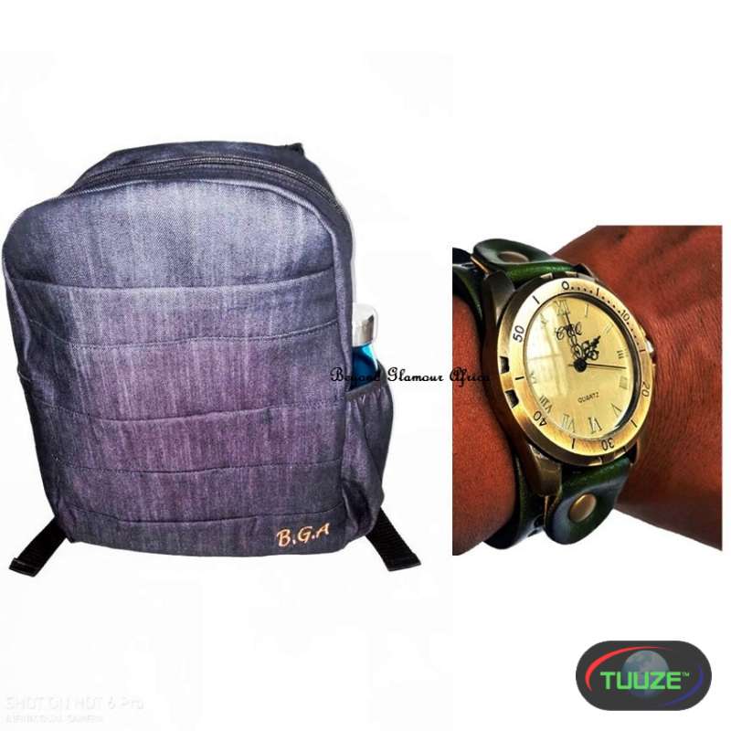 Mens Denim laptop bag with green leather  watch