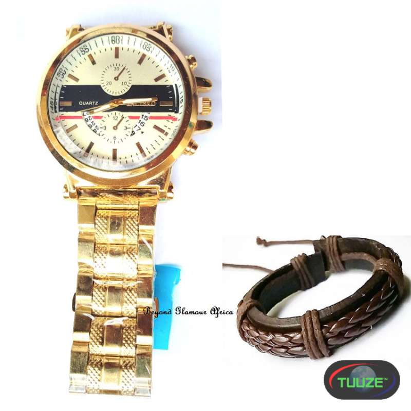 Mens Gold plated watch with leather bracelet