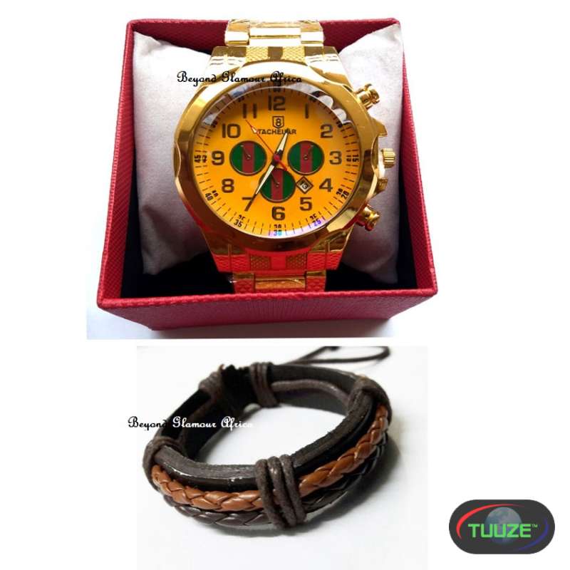 Mens Gold watch and leather bracelet and gift box