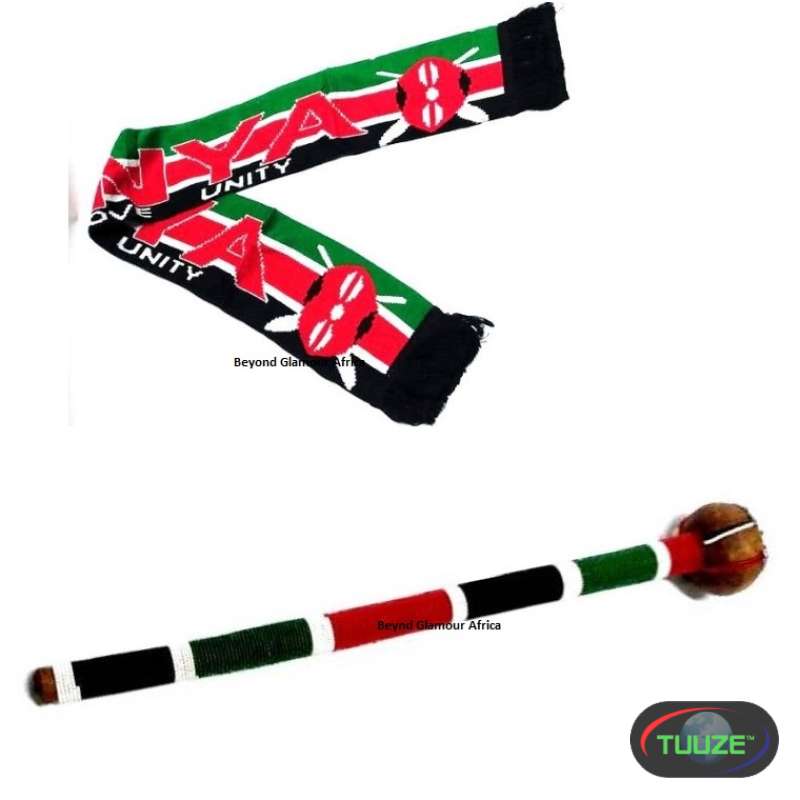Mens Kenya beaded wooden rungu and matching scarf