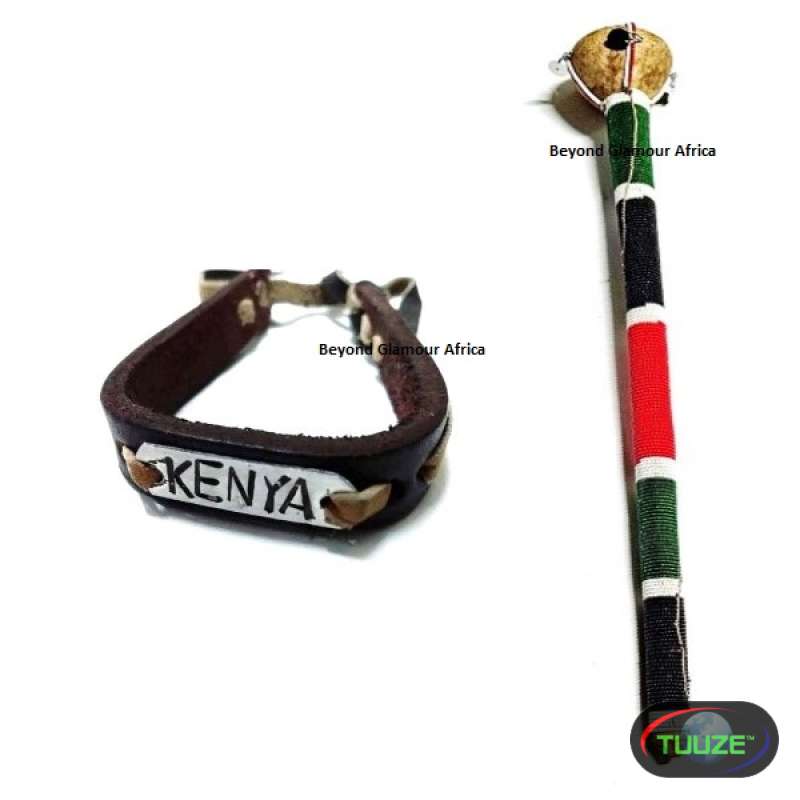 Mens Kenyan beaded wooden rungu with leather brace