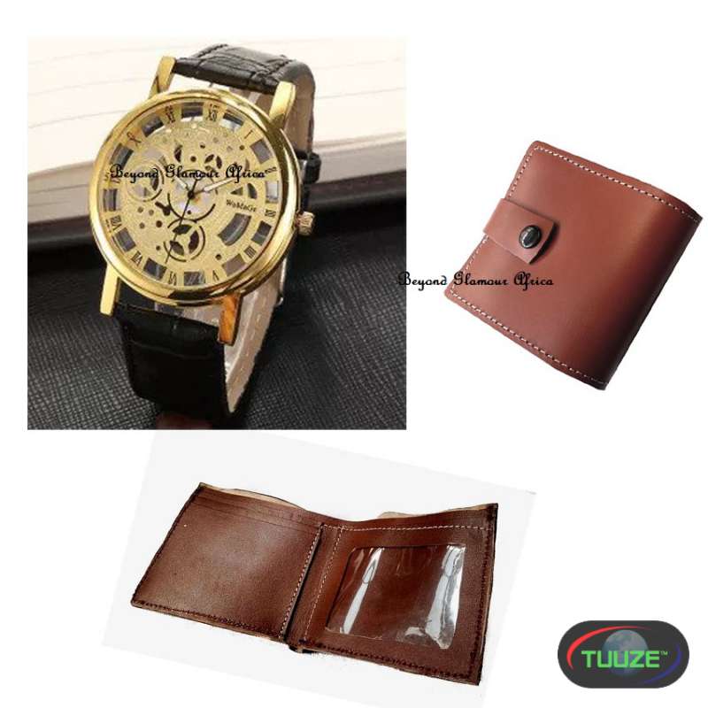 Unisex Black Leather skeleton watch with wallet 