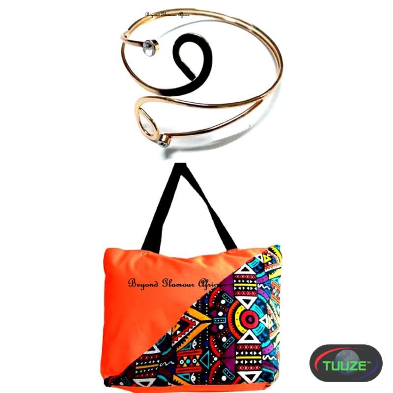 Womens Ankara Orange canvas handbag with armlet