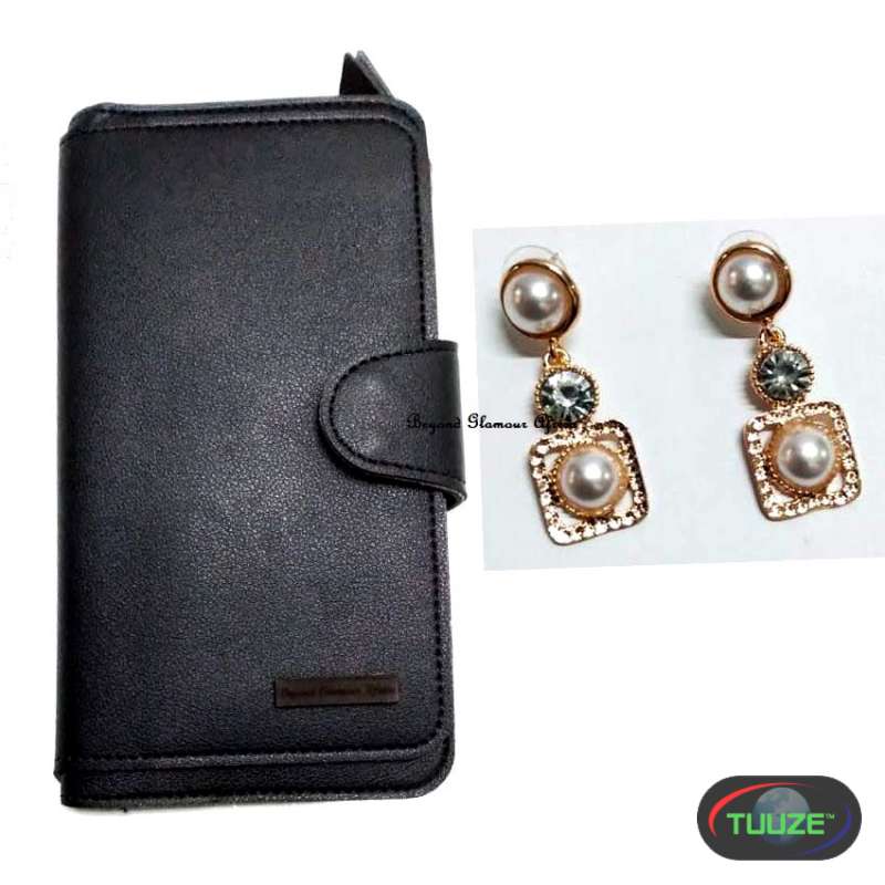 Womens Black Leather wallet   earrings