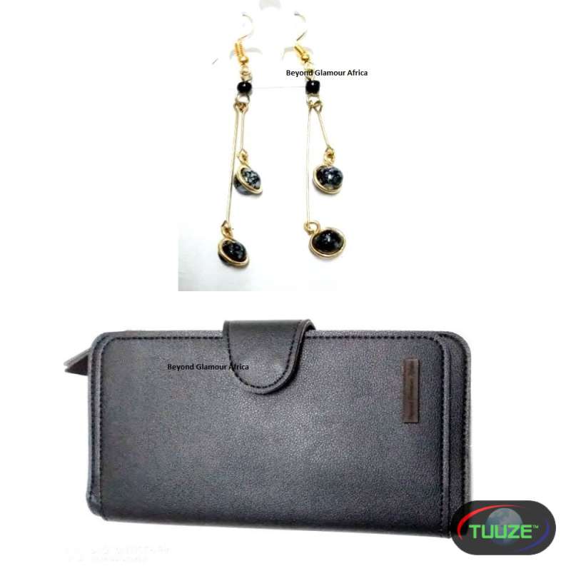 Womens Black Leather wallet and earrings