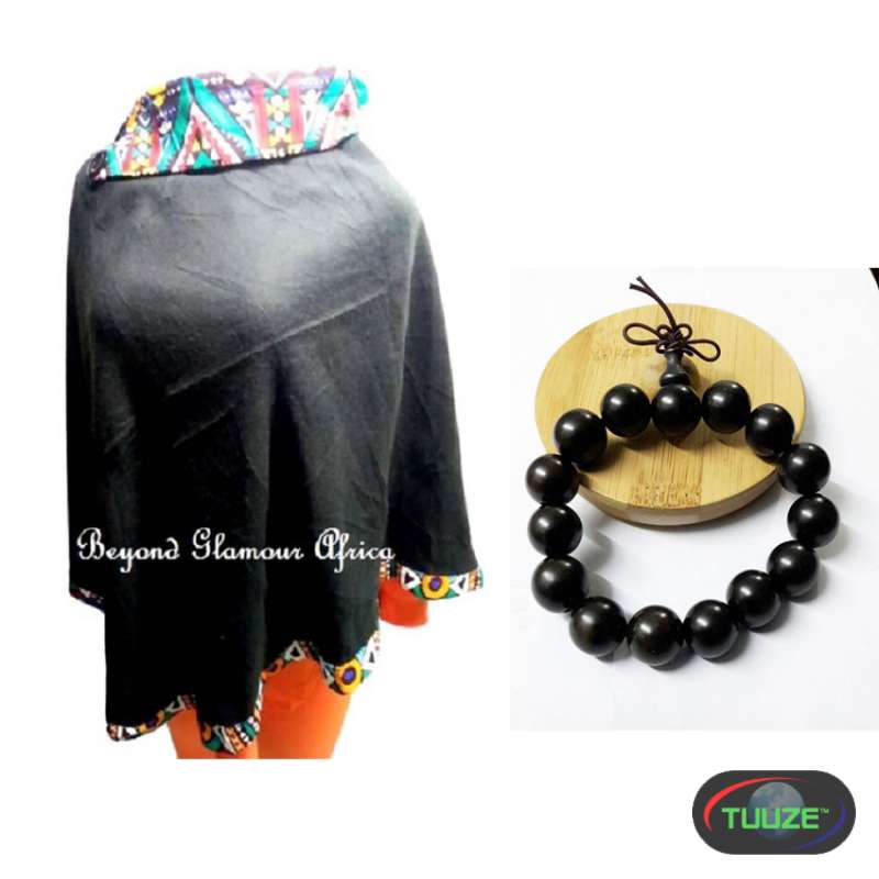 Womens Black ankara poncho with bracelet