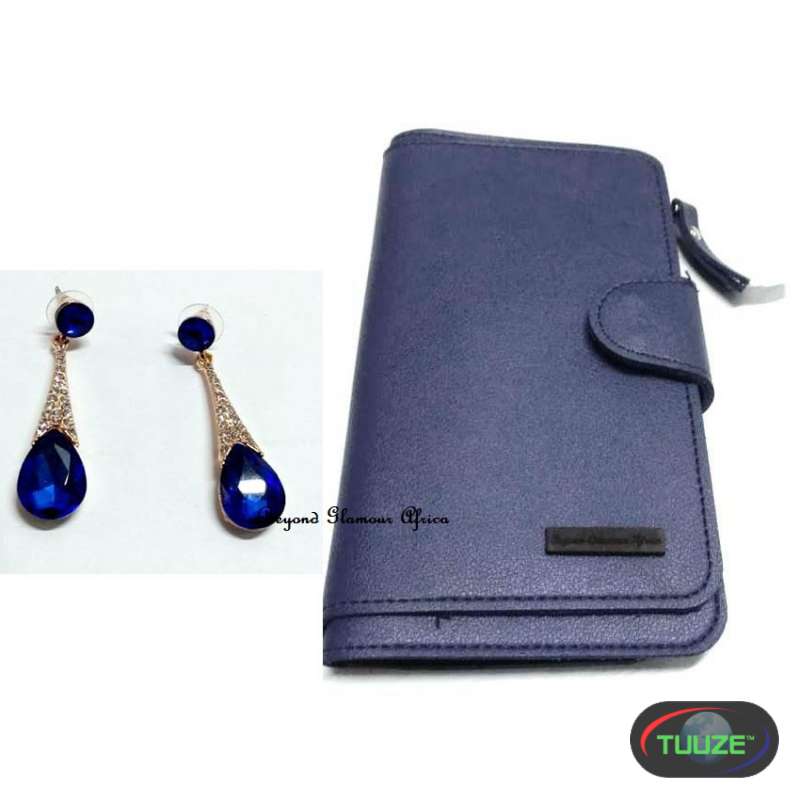 Womens Blue leather wallet with crystal earrings