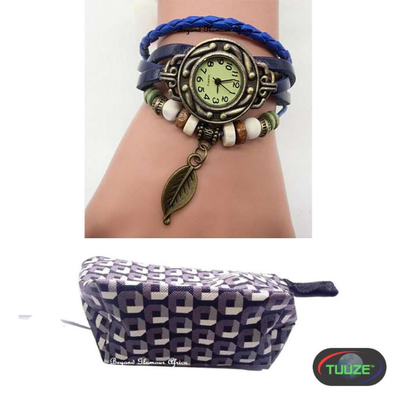 Womens Blue leather watch with pouch