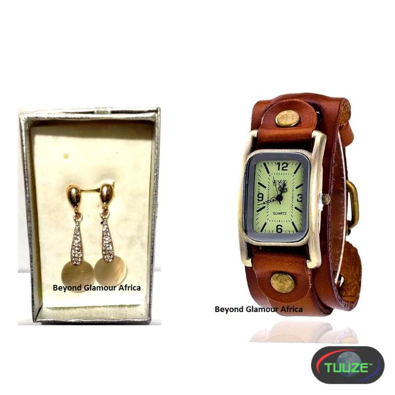 Womens Brown Leather watch and earrings combo