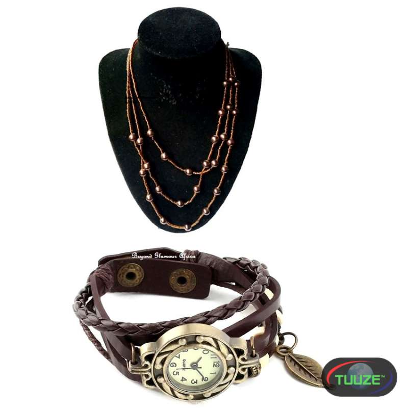 Womens Brown Leather watch with Necklace