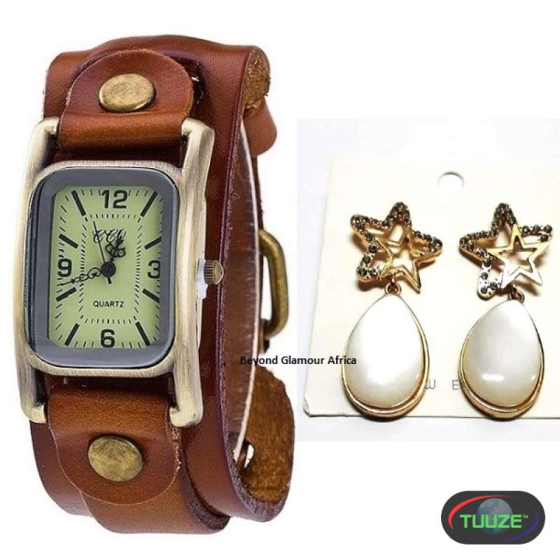 Womens Brown Leather watch with earrings