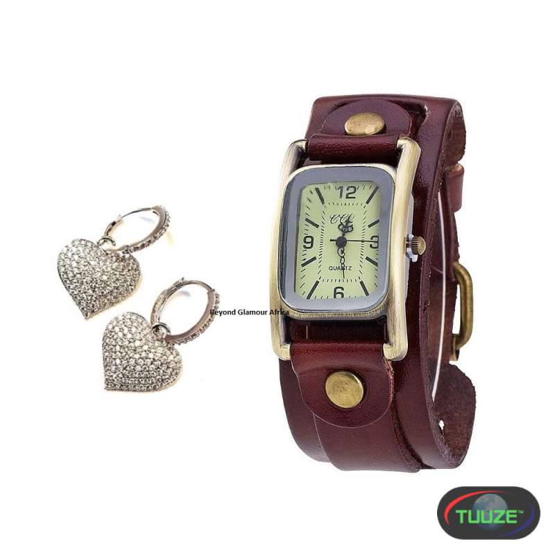 Womens Brown Leather watch with earrings combo