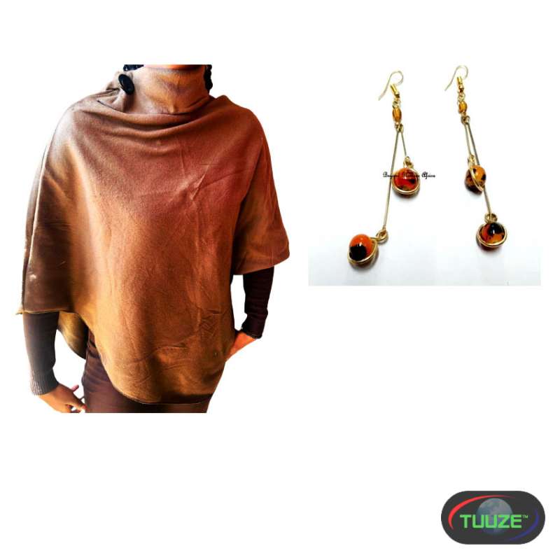 Womens Brown Poncho with earrings