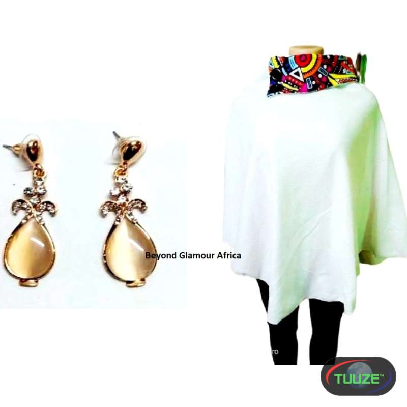 Womens Cream Ankara poncho with dangle earrings