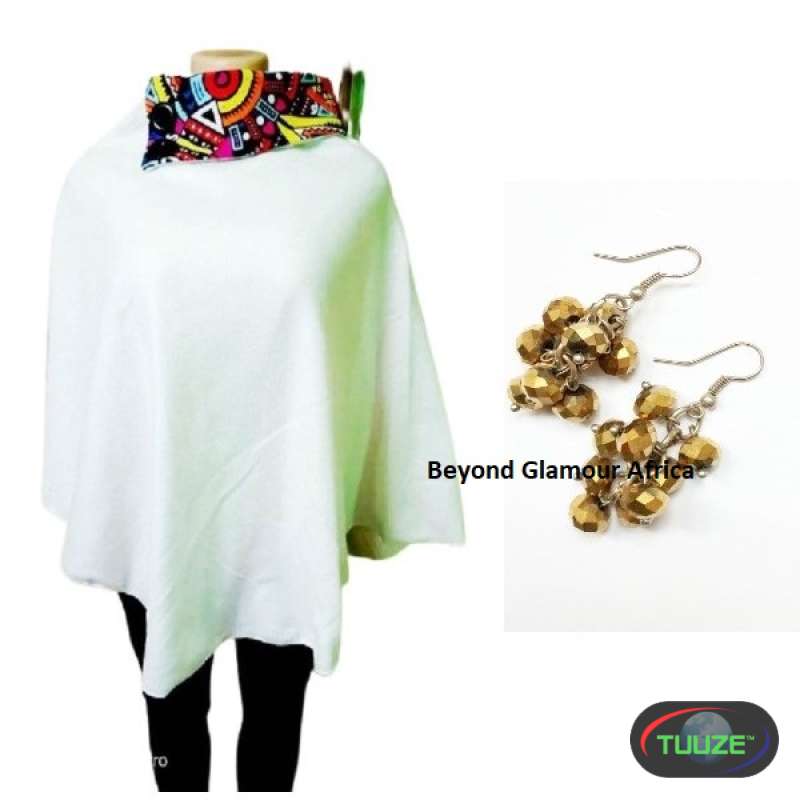 Womens Cream Ankara poncho with earrings