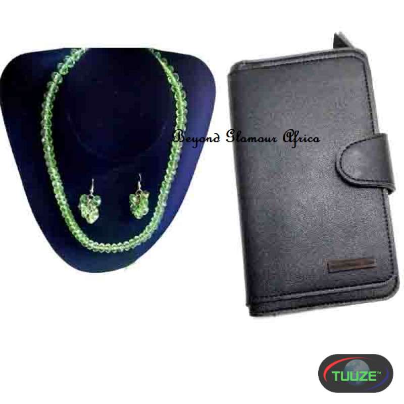 Womens Green Crystal jewelr set and wallet combo
