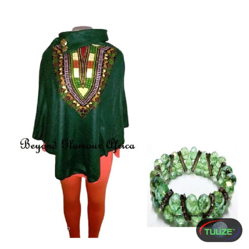 Womens Green dashiki poncho with crystal bracelet