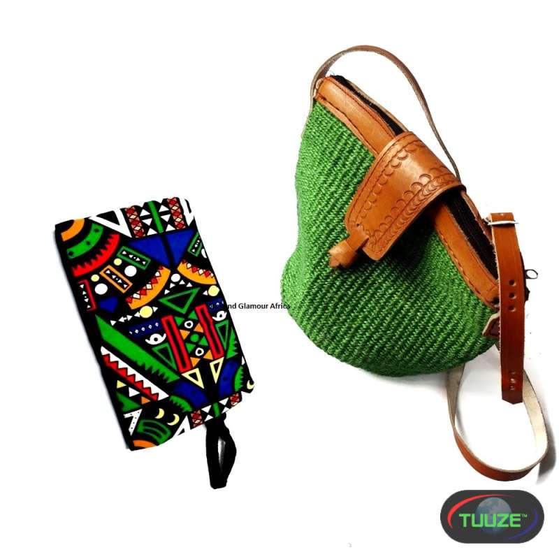 Womens Green sisal kiondo and pouch