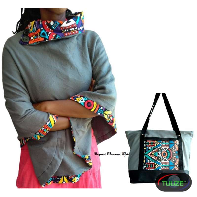Womens Grey ankara poncho with canvas bag