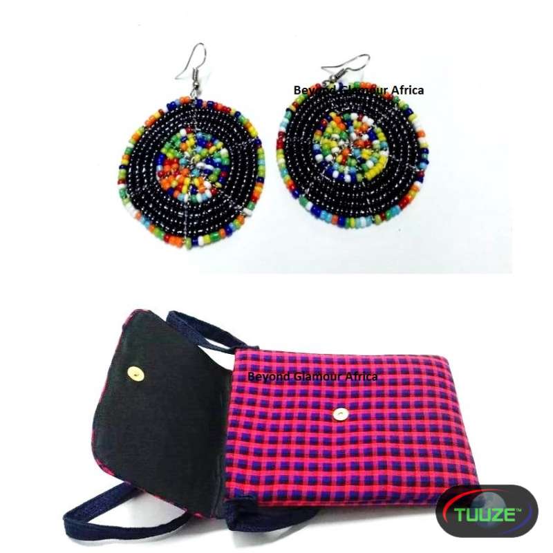 Womens Multicolor maasai sling bag and earrings