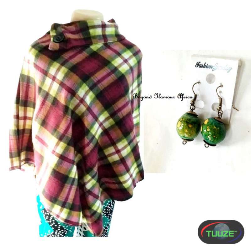 Womens Multicolor poncho with green earrings
