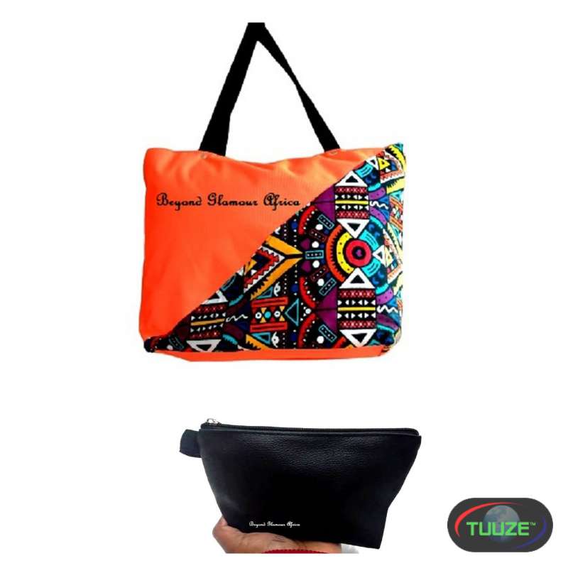 Womens Orange canvas with ankara bag and pouch