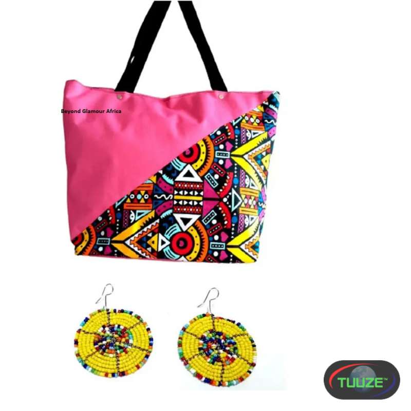 Womens Pink Ankara Handbag with earrings