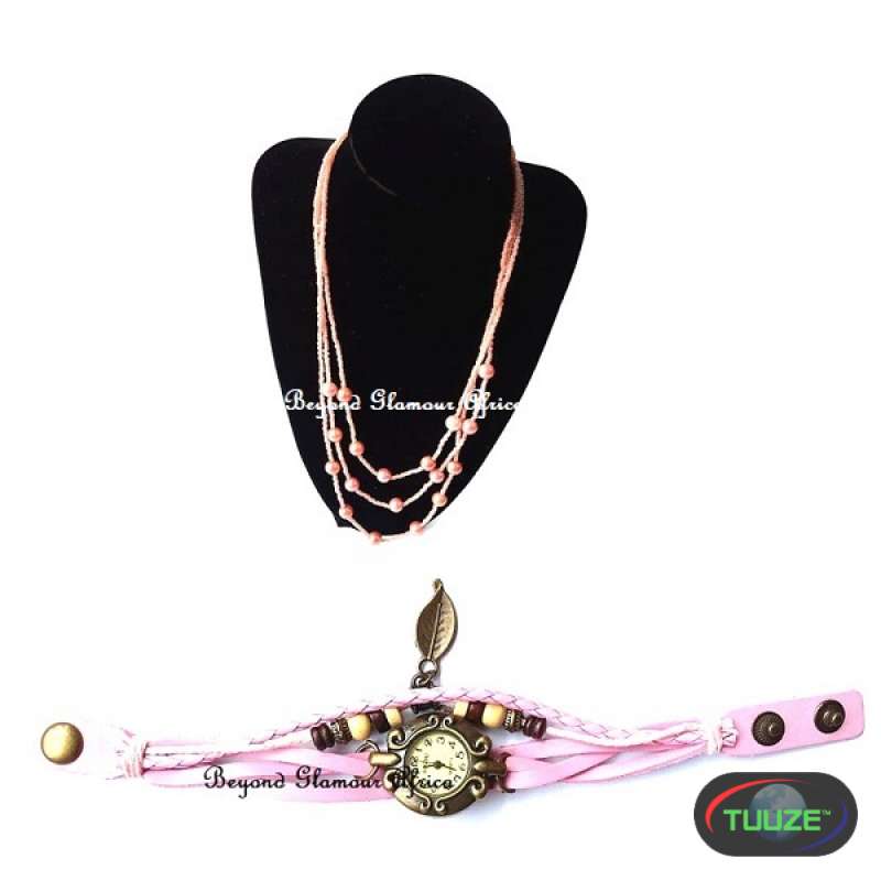 Womens Pink Leather bracelet with necklace