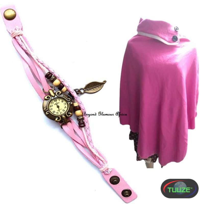 Womens Pink leather watch with poncho