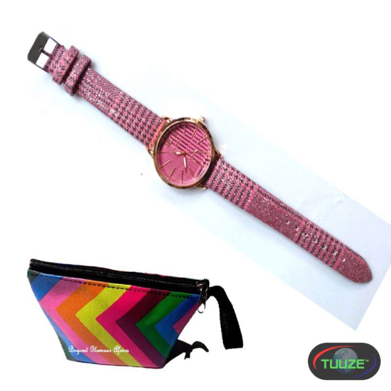 Womens Pink leather watch with ppouch