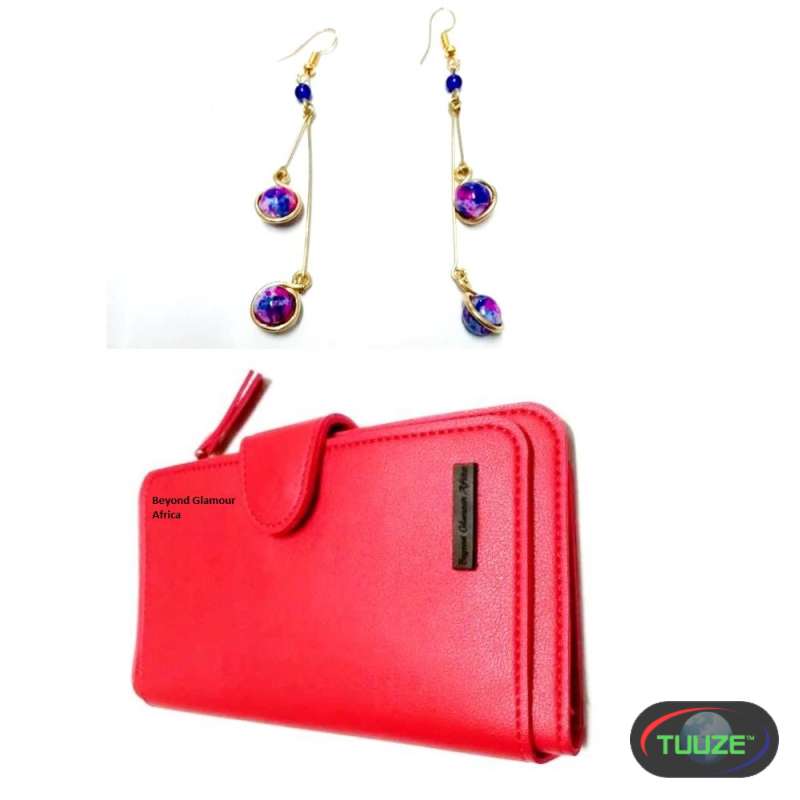 Womens Red Leather wallet and earrings